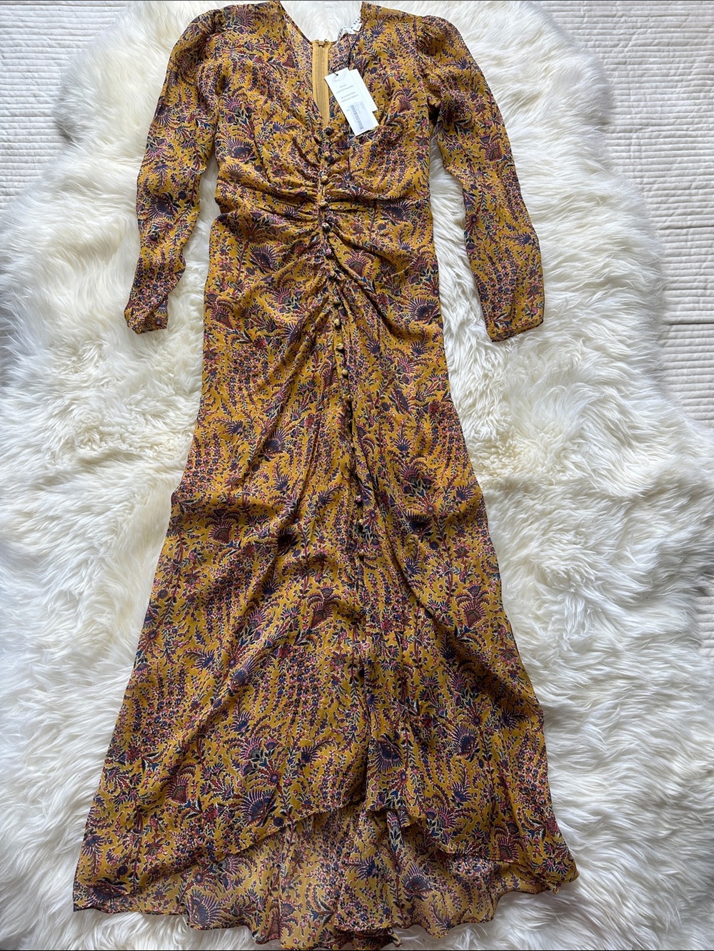 VERONICA BEARD MUSTARD PAISLEY
PRINT SILK 'FERRARA' RUCHED MAXI
DRESS SIZE 2